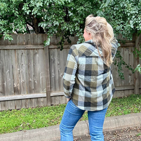 Olive, Black Plaid Button Up