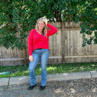Red Front Seam V-Neck Sweater