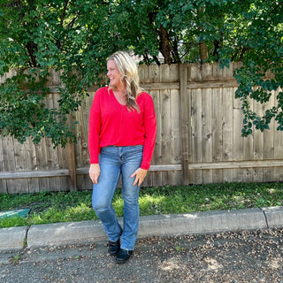 Red Front Seam V-Neck Sweater
