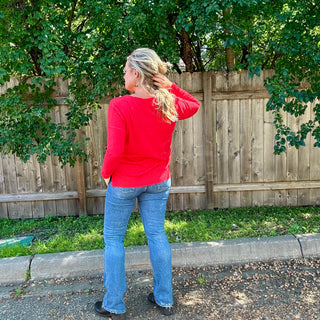 Red Front Seam V-Neck Sweater