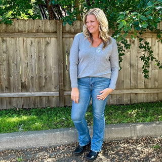 Heather Grey Front Seam V-Neck Sweater