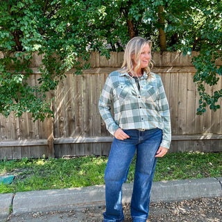 Green, Grey Plaid Button Up
