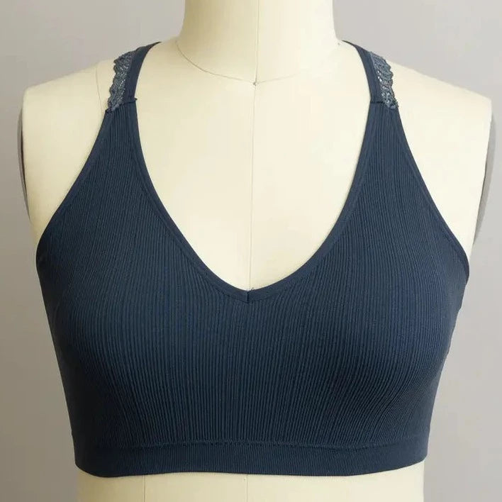Seamless Blue Gray Bralette with Lace Racerback