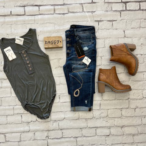 Olive/Gray Bodysuit with Button Accent