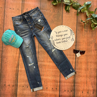 Risen Mid Rise Button Fly Distressed Skinny Jean