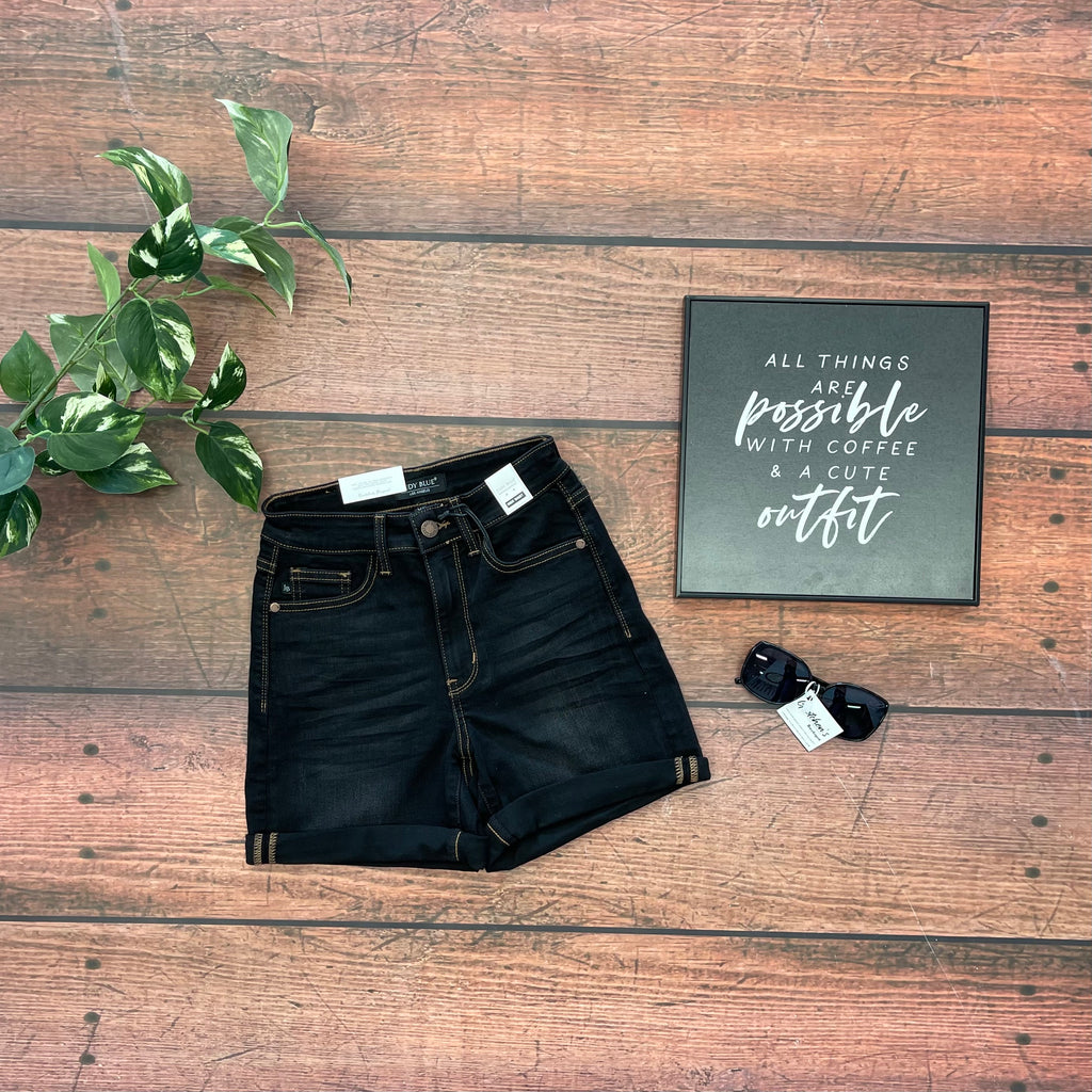 High Waisted Black Shorts with Brown Thread Detail