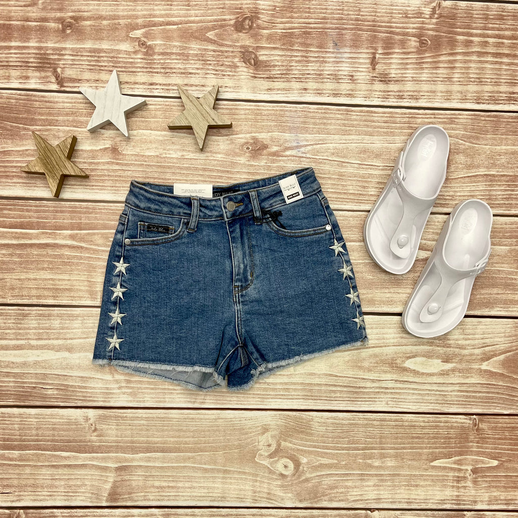 High Waisted Embroidered Star Cut Off Shorts