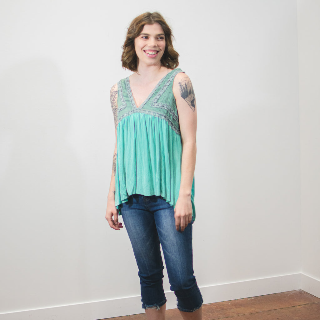Two Toned Teal Flowy Tank with Lace Accents